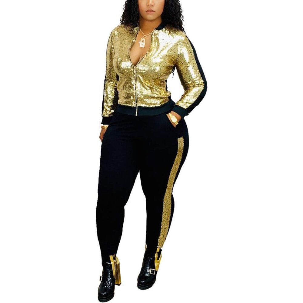 Glamorous Women's 2-Piece Gold Sequin Tracksuit - Jacket & High-Waisted Pants